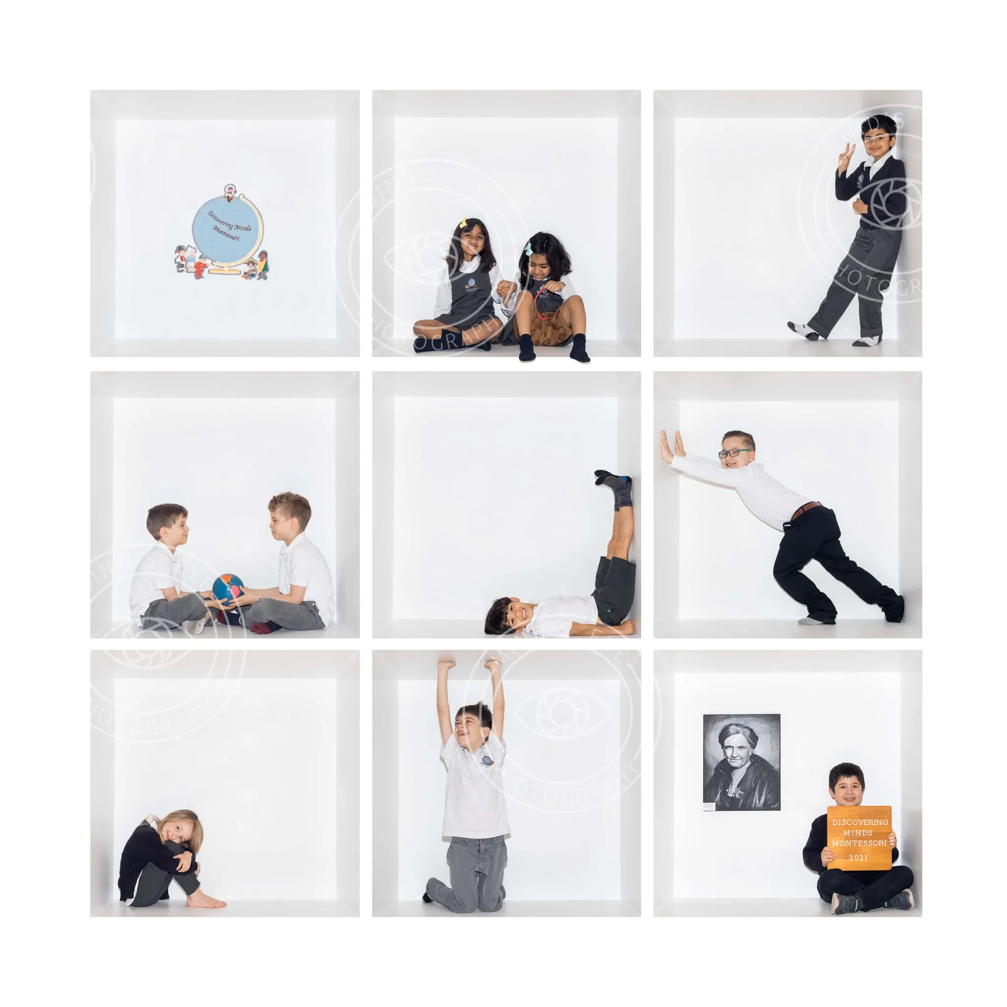 A composite class photograph of Discovering Minds Montessori pupils, each photographed individually in 2021